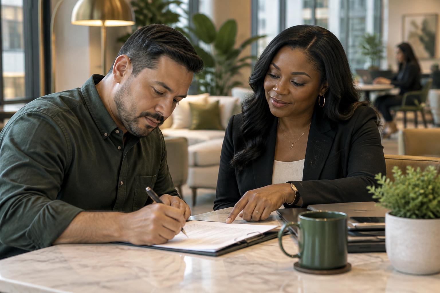 A mobile notary guiding a business professional through documents in a comfortable meeting space