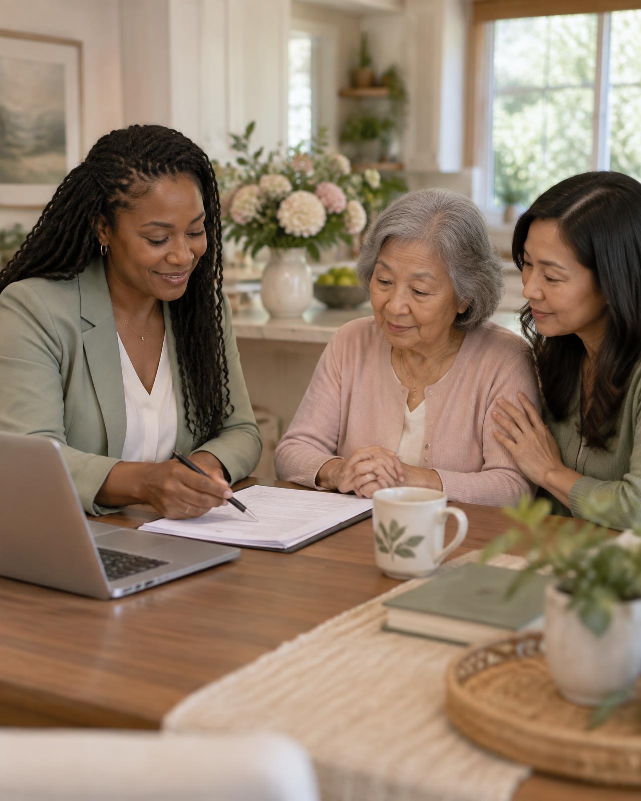 A mobile notary assisting a senior client and her family member at home