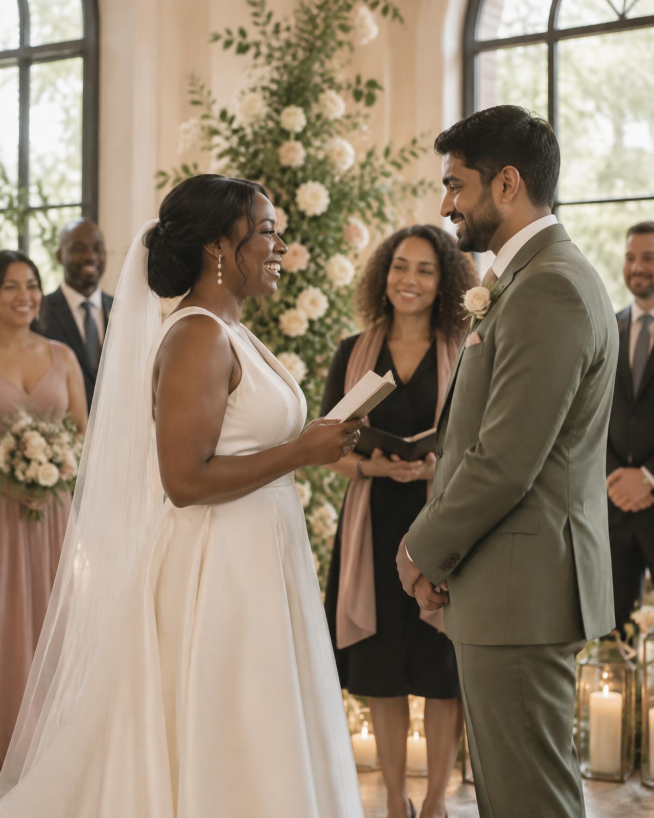 A multicultural couple exchanging vows at an intimate Georgia wedding ceremony